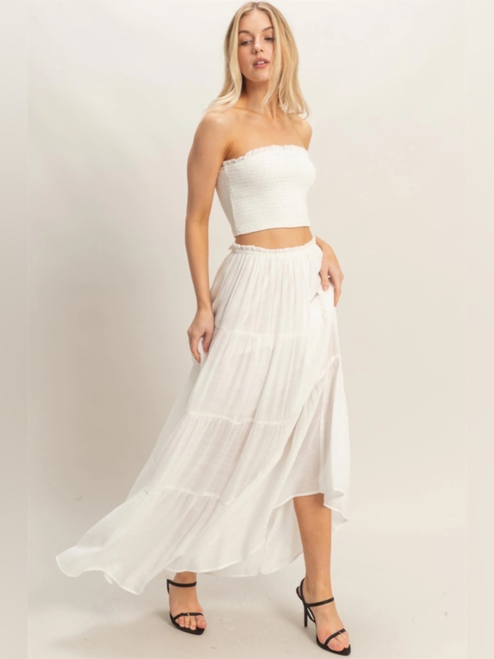 NEW HYFVE White Smocked Tube Top & Tiered Maxi Skirt Set Size Large